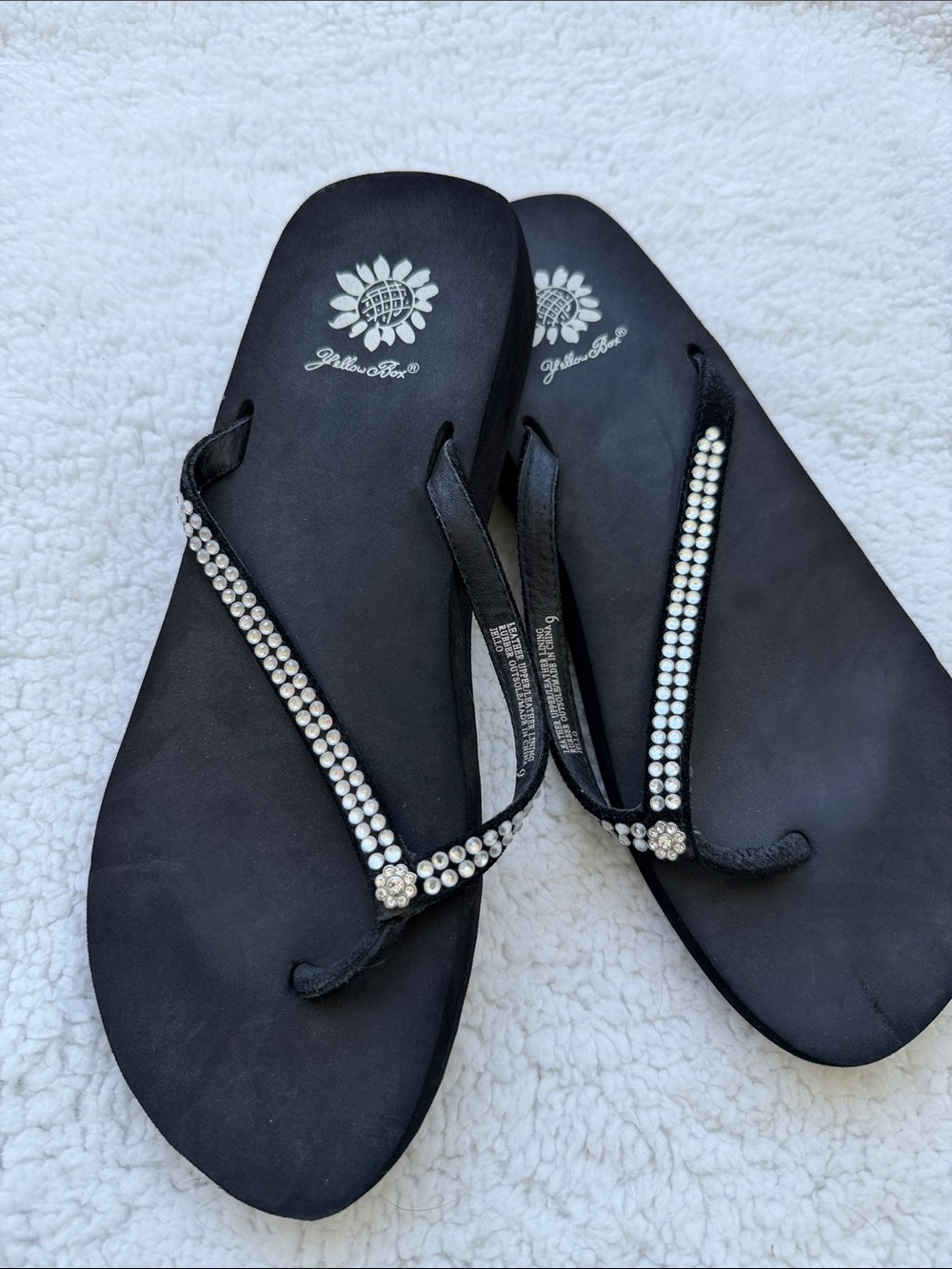 Yellow Box Black Rhinestone-Accent Flip Flop Sandals
